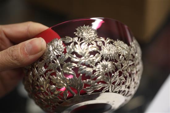 A set of six late 19th/early 20th century Chinese Export silver finger bowls by Wang Hing & Co, Hong Kong, with ruby glass liners,